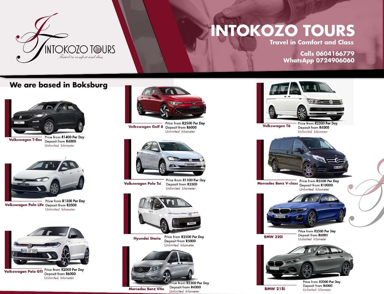 Intokozo Tours fleet — Volkswagen, BMW, Mercedes-Benz and Hyundai vehicles available for hire in Boksburg